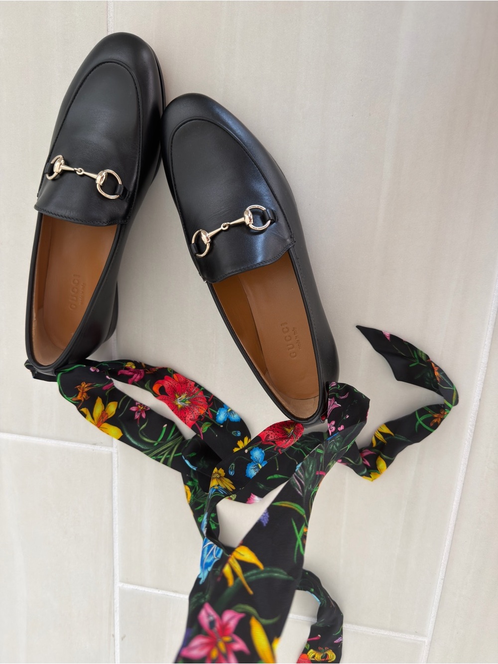 Gucci Black Leather Horsebit Loafers with Floral Tie
